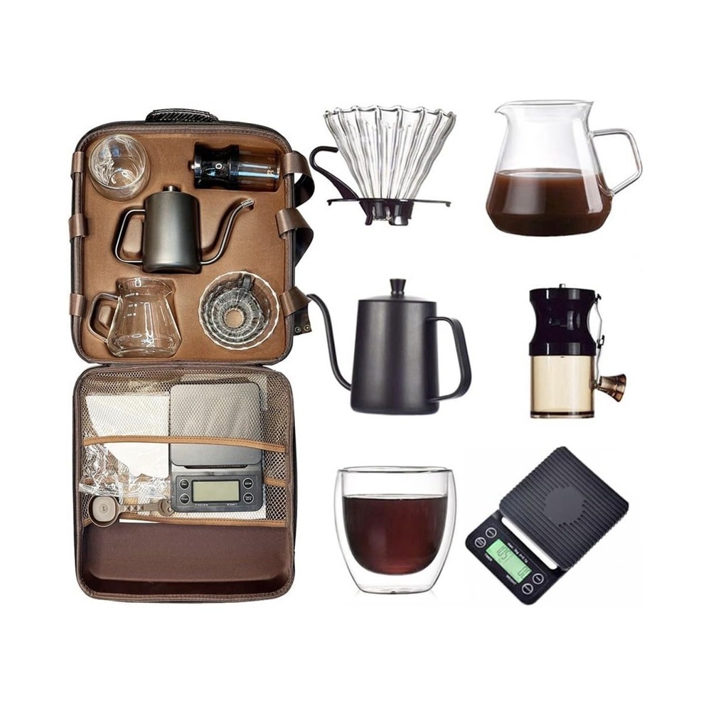 Coffee Set- Scale, Grinder, Pour Over Kettle, Mug, Filters, Glass Dripper Travel